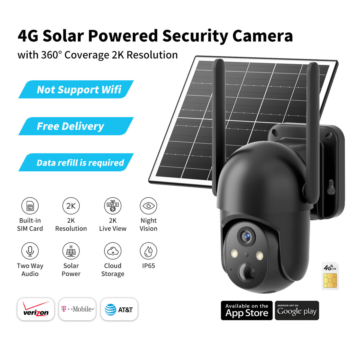 Conico 4G LTE Solar Cellular Security Camera, Black, 2K PTZ Wireless O